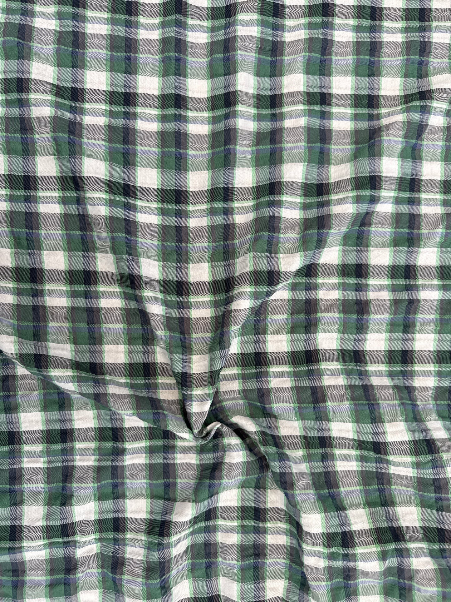 Green White Blue Plaid Cotton Seersucker Texture Woven "I See A Hawk"