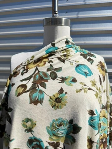 Oatmeal Teal Brown  Floral Print Rayon Linen Jersey Knit “Rosemary"