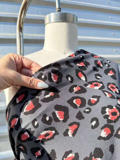 Gray Black Red White Leopard Print Polyester Crepe "Red Eye Jungle"