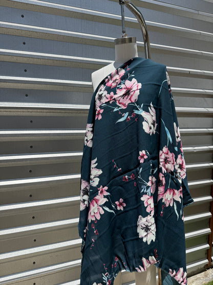 Teal Pink Watercolor Peony Floral Rayon Crepe Woven ‘Teal Blossom’