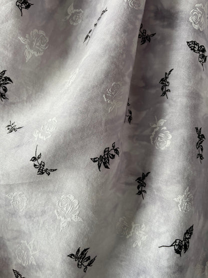 Grey White Black Floral Tie-dye Rayon Challis Woven "Nightbloom Spell"