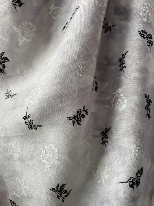 Grey White Black Floral Tie-dye Rayon Challis Woven "Nightbloom Spell"