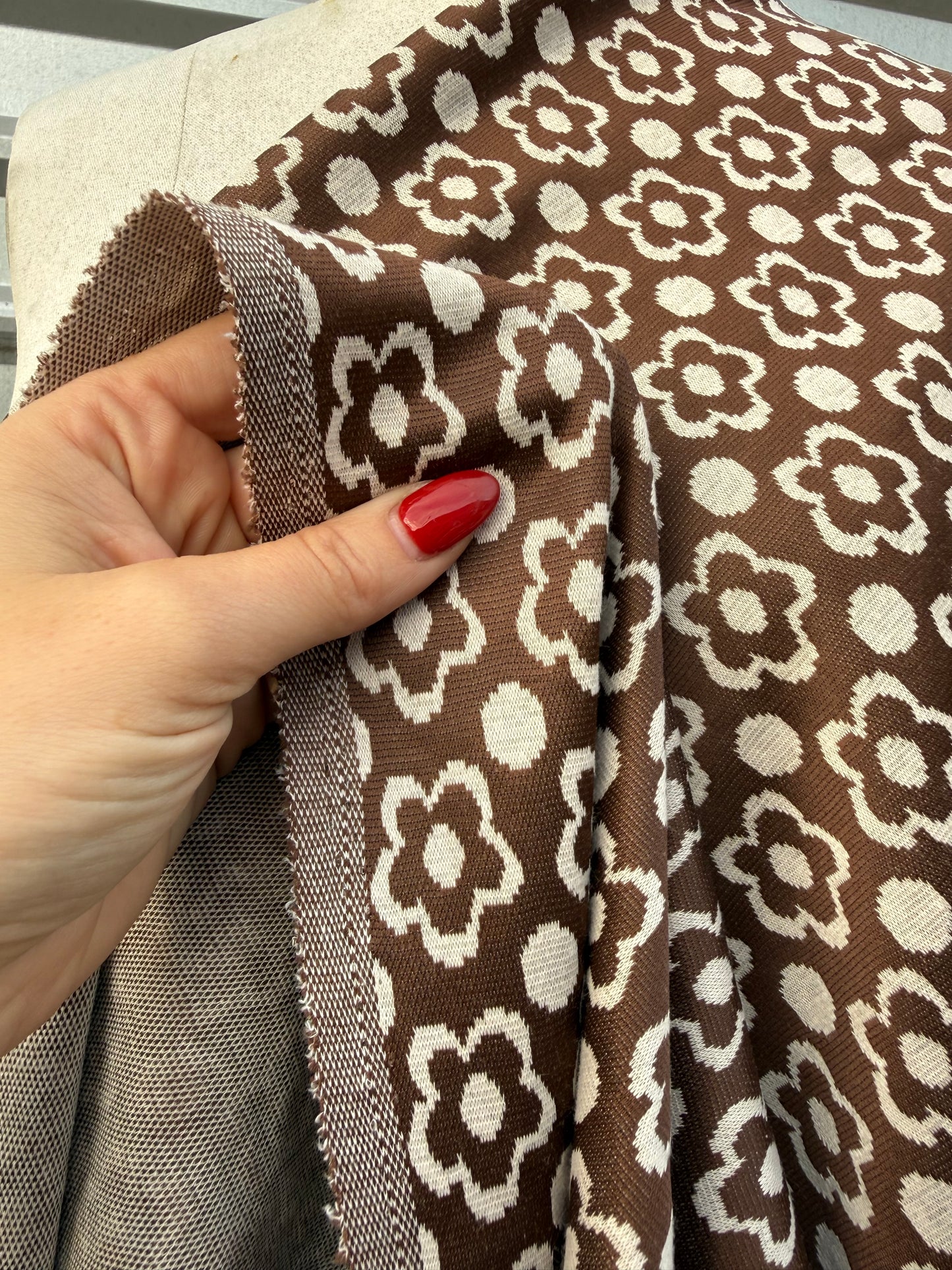 Brown White Retro Daisy Dot Print Polyester Spandex Ponte "Oliva's Brownies"