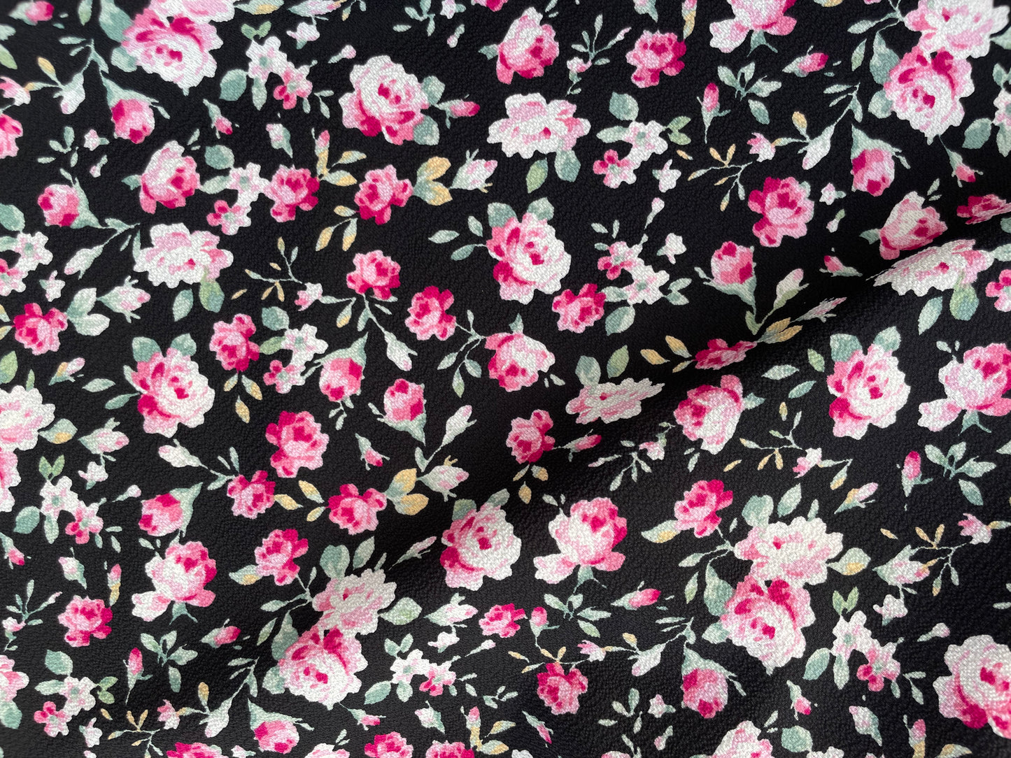 Black Pink Green Roses Vine Polyester Crepe " Mila's Garden"