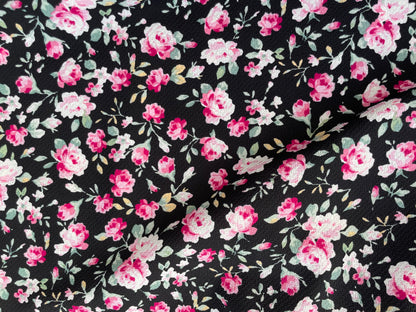 Black Pink Green Roses Vine Polyester Crepe " Mila's Garden"