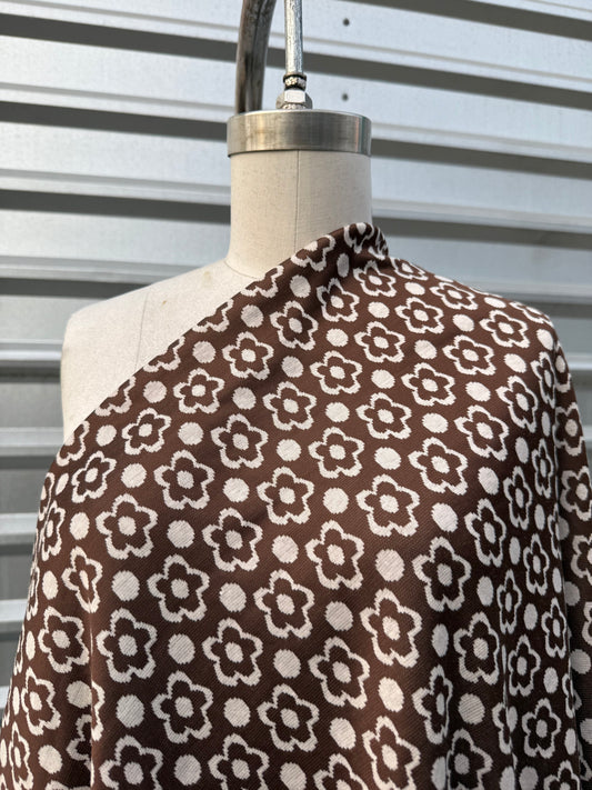 Brown White Retro Daisy Dot Print Polyester Spandex Ponte "Oliva's Brownies"