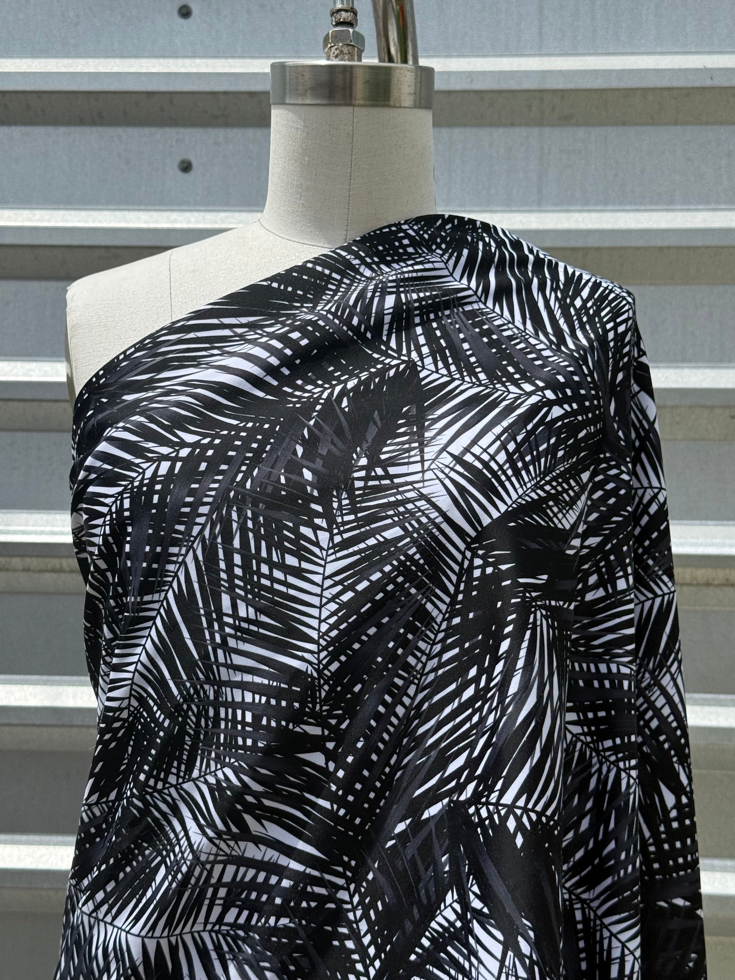 Black White Leaf Palm Print Nylon Spandex Swim Knit "Frond of You"