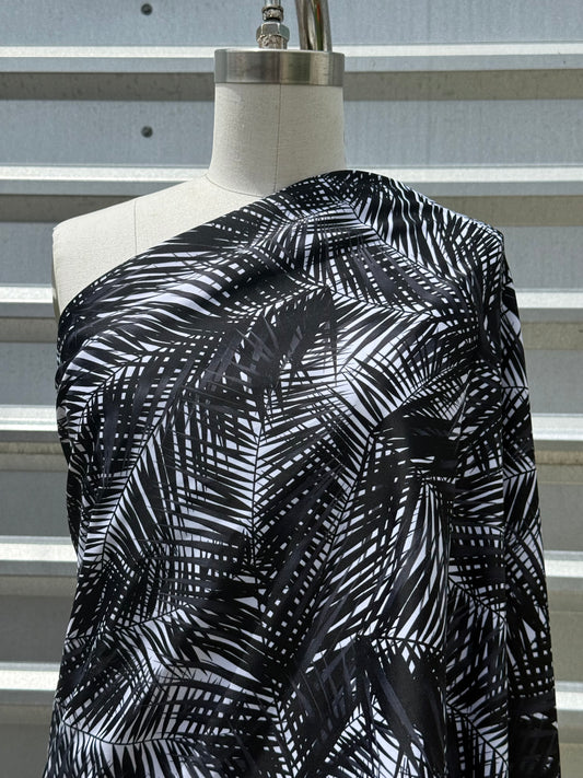 Black White Leaf Palm Print Nylon Spandex Swim Knit "Frond of You"