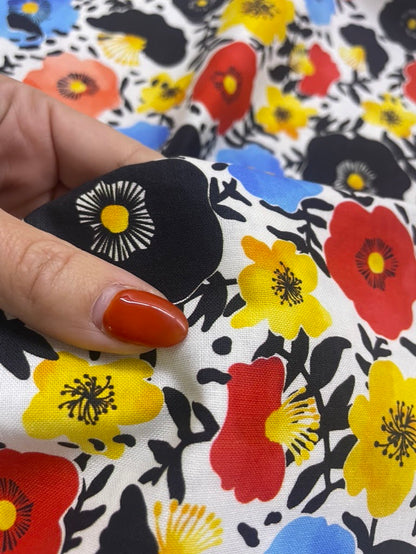 Black Blue Yellow Red White Pink Floral Quilt Cotton Poplin Woven "Poppy Blooms"
