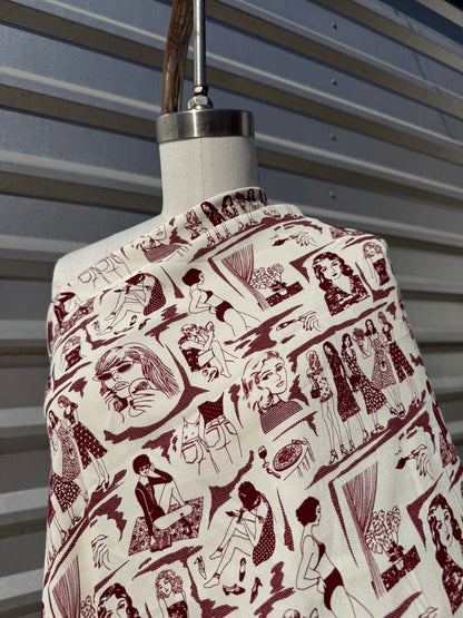 Ivory Burgundy Graphic Women Character Rayon Crepe Woven "Cool Chicks"