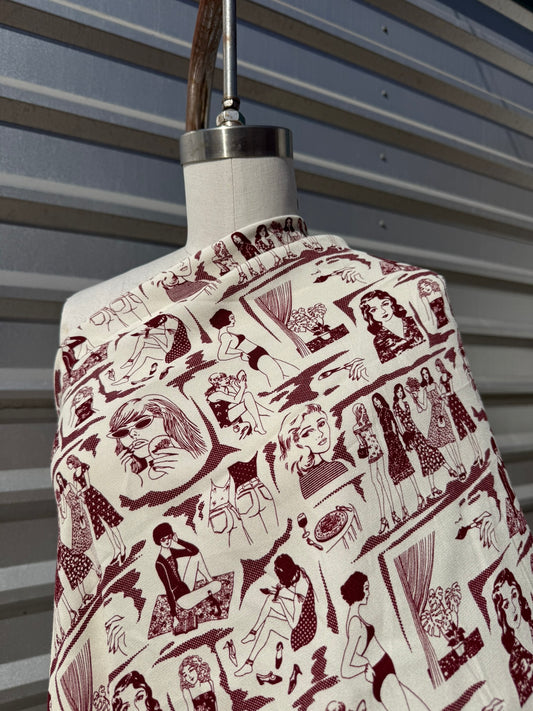 Ivory Burgundy Graphic Women Character Rayon Crepe Woven "Cool Chicks"