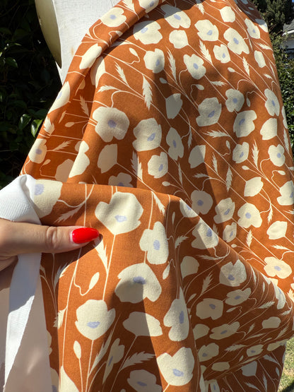 Gold Rust White Floral Print Lightweight Cotton Twill Woven "Caramel Wildflowers"