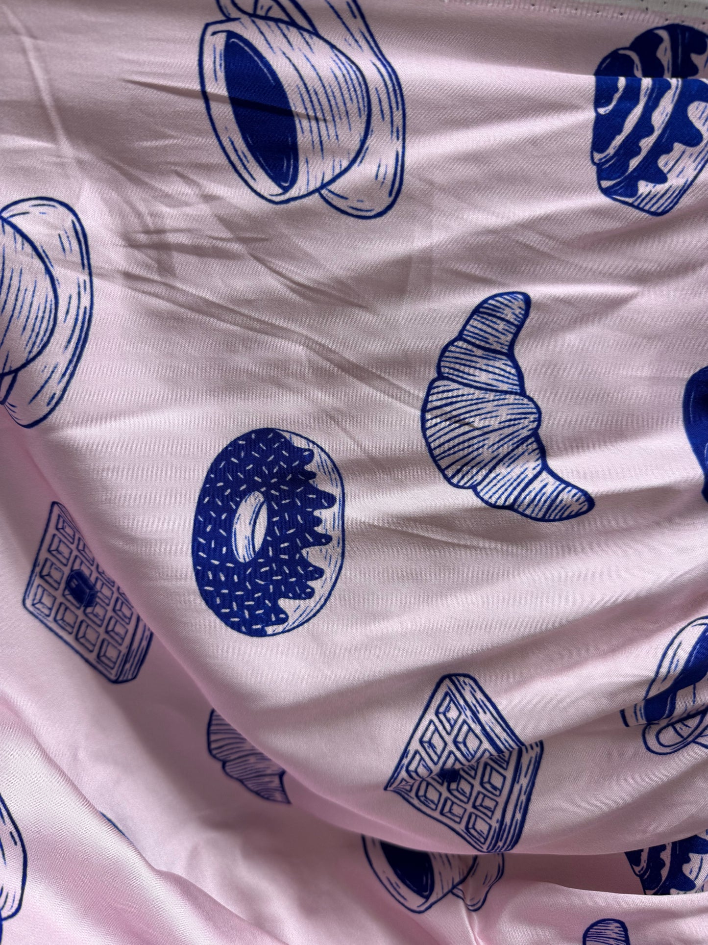 Blue Pink Donut Croissant Coffee Breakfast Rayon Satin Woven “Tiffany’s Breakfast “