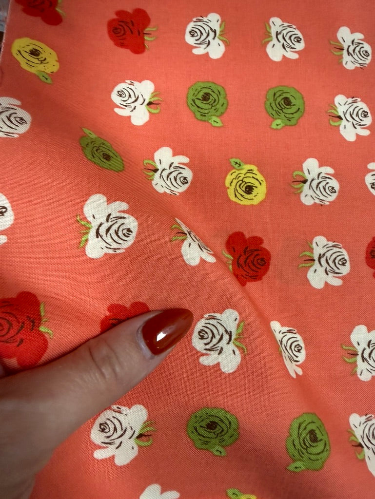 Coral White Yellow Green Rose Floral Print Quilt Cotton "Rosa"