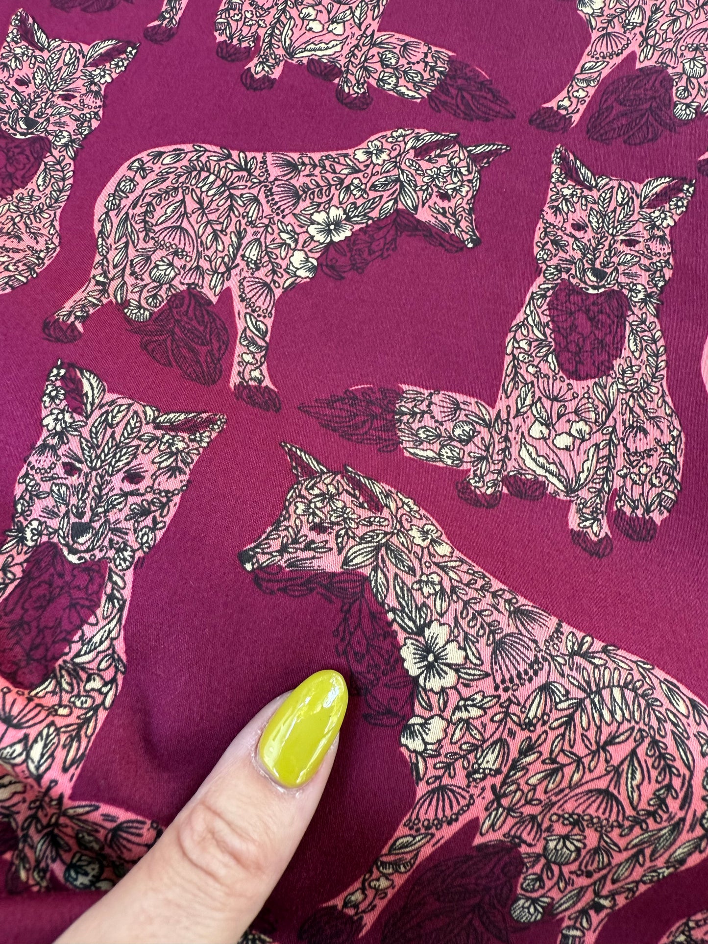 Pink Floral Fox Print Cotton Spandex Sateen Woven "Fox Bouquet"