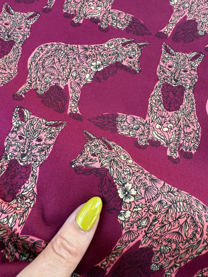 Pink Floral Fox Print Cotton Spandex Sateen Woven "Fox Bouquet"