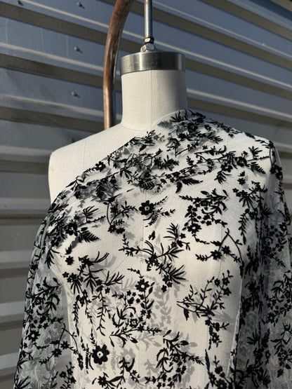 Grey Black Flocked Ditsy Floral  Mesh Tulle Polyester "Sabrina in Moonlight”