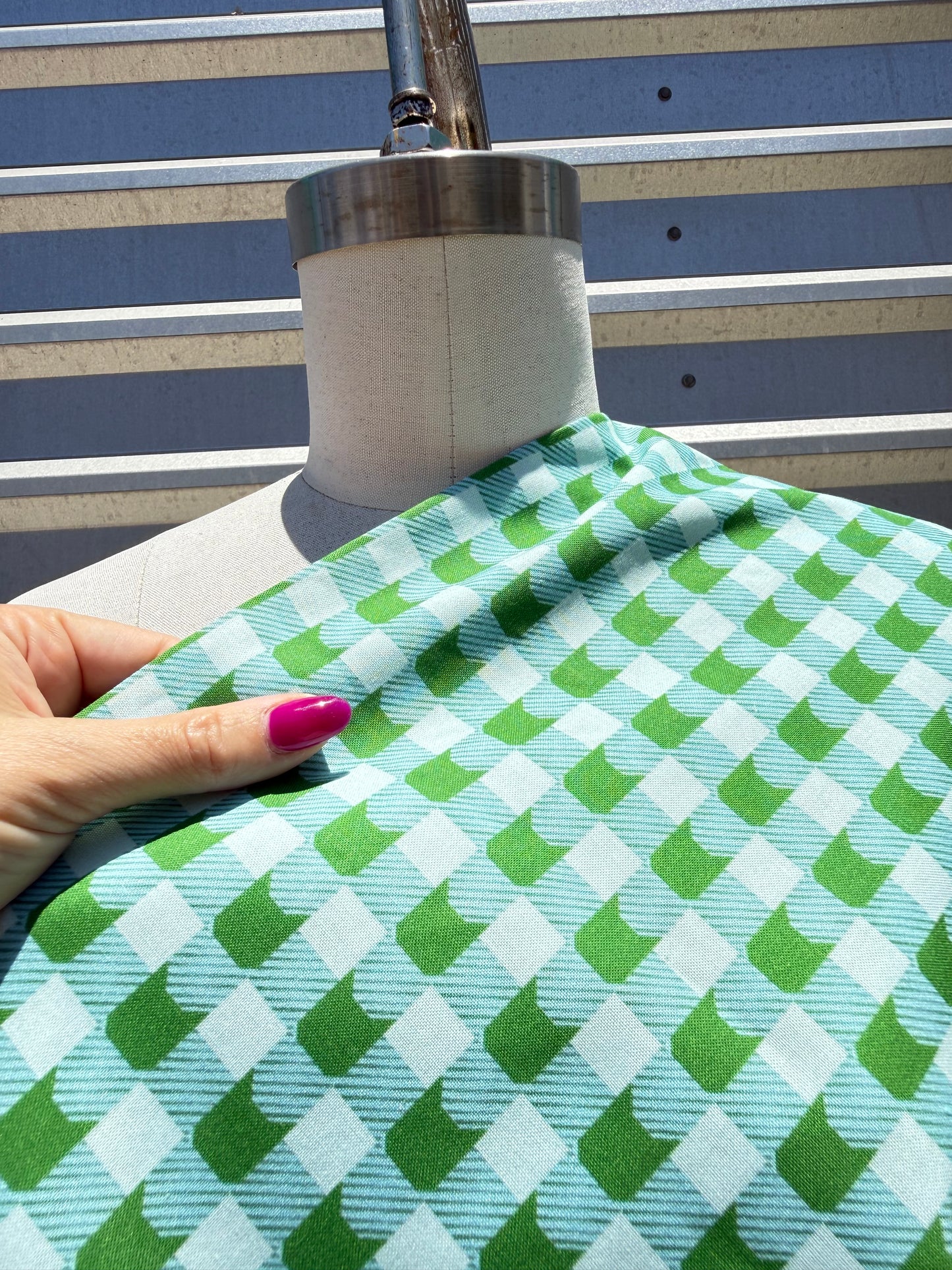 Green Cat Gingham  Print Quilt Cotton "Green Gato"
