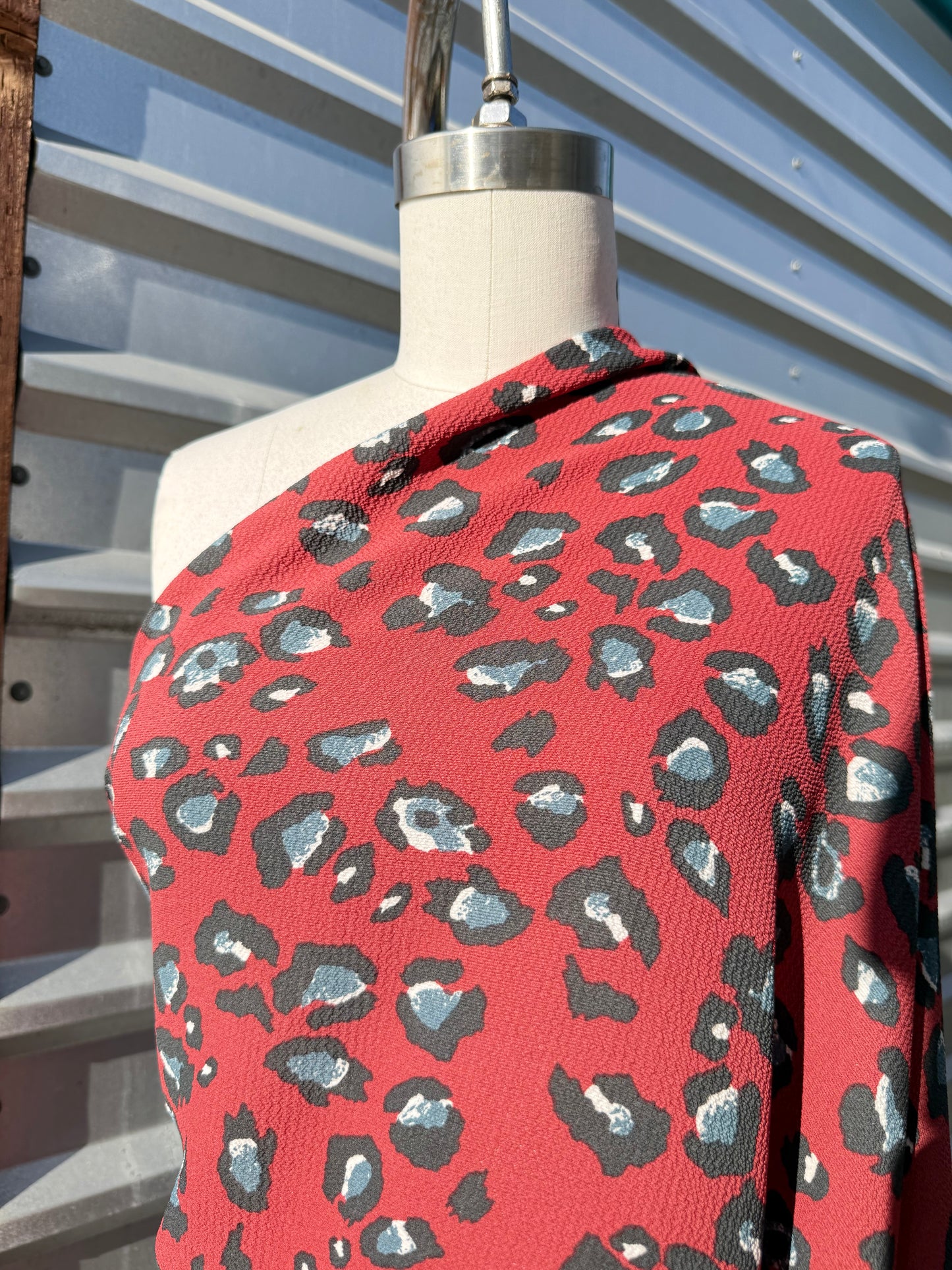 Red Black White Blue Leopard Print Polyester Crepe "Crimson Cat"
