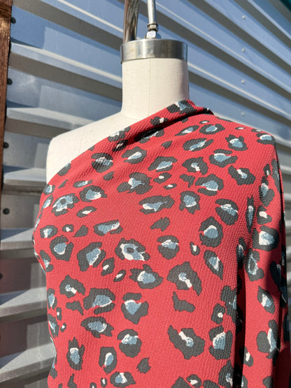 Red Black White Blue Leopard Print Polyester Crepe "Crimson Cat"