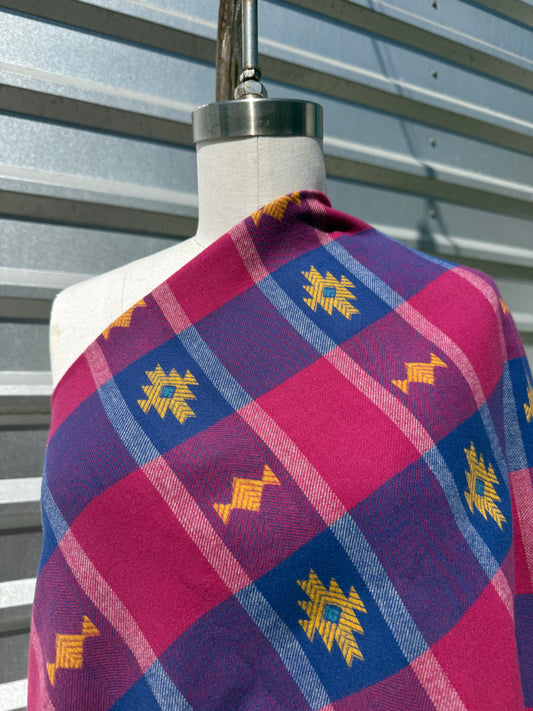 Blue Pink Yellow Southwest Geometric Cotton Plaid Flannel "Nighttime at Aurora Cabin”