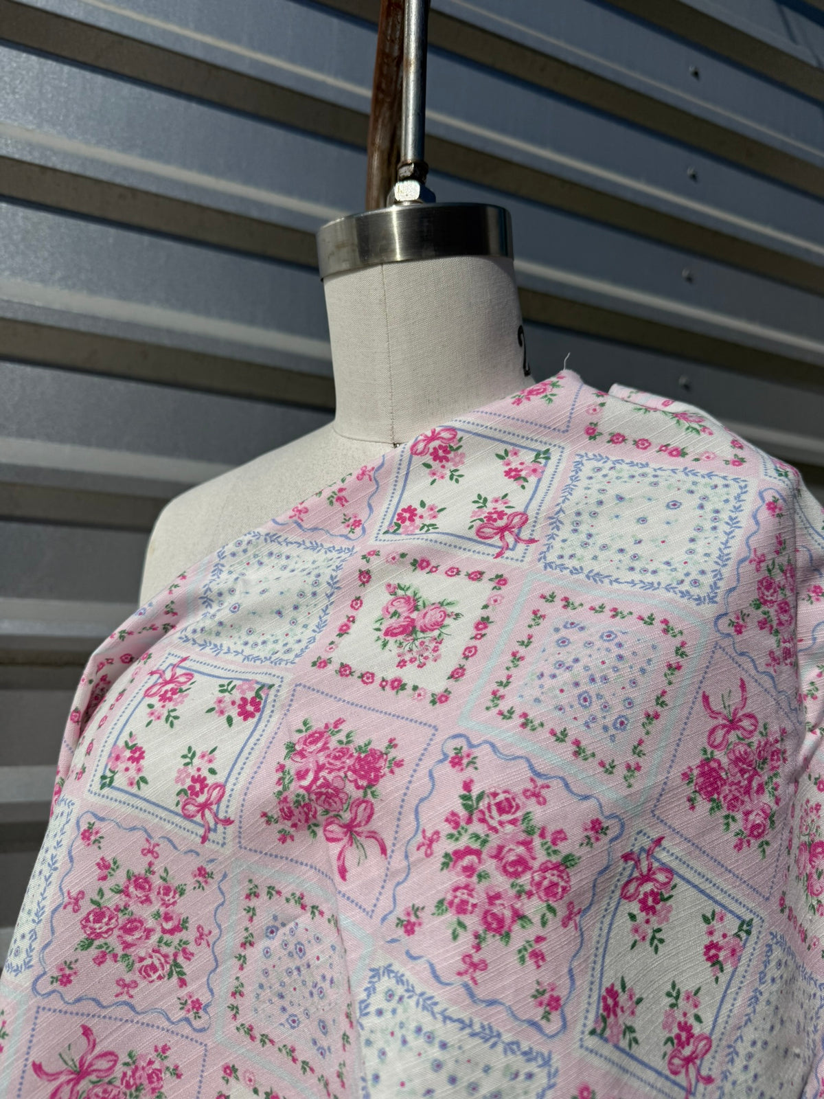 Pink white Floral Plaid Ribbon Bow Print Cotton Linen Fabric "Pretty Polly"