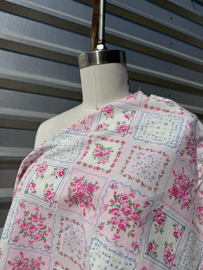 Pink white Floral Plaid Ribbon Bow Print Cotton Linen Fabric "Pretty Polly"