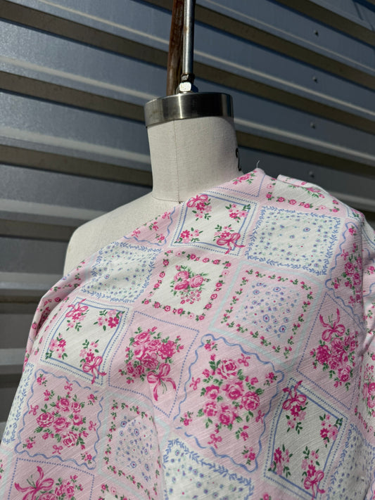 Pink white Floral Plaid Ribbon Bow Print Cotton Linen Fabric "Pretty Polly"