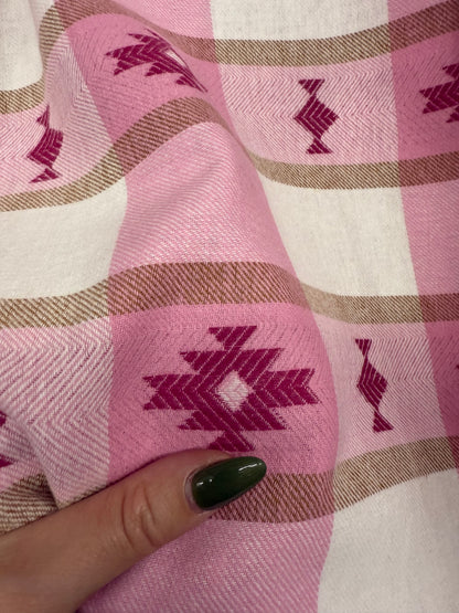 Pink White Southwest Geometric Cotton Plaid Flannel "Aurora Cabin”