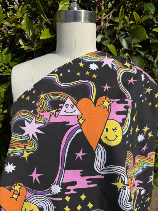 Black Yellow Pink Rainbow Smiley Face Heart Triangle Trippy Cotton Spandex Poplin Woven "Trippy Days”