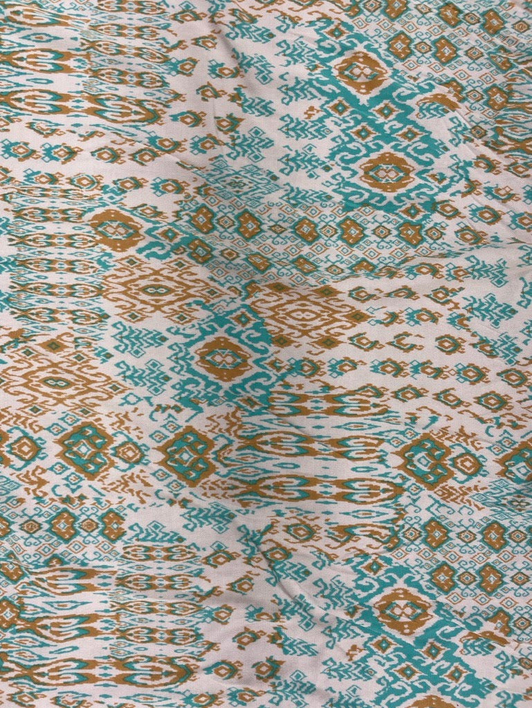 Turquoise Tan Brown White Southwest Geometric Print Rayon Soft Crepe Woven "Tuscon Breeze"