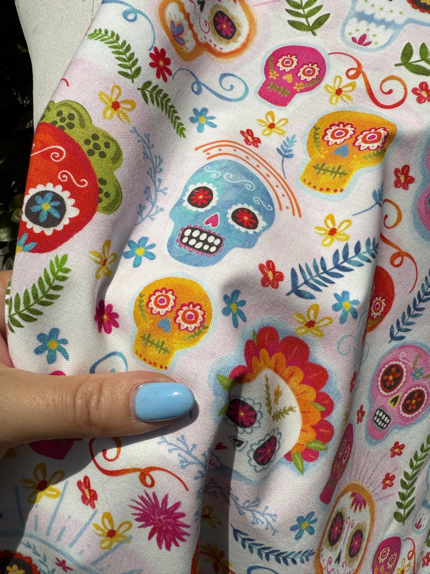 White Sugar Skull Calaveras Floral Cotton Poplin "Funny Bones"