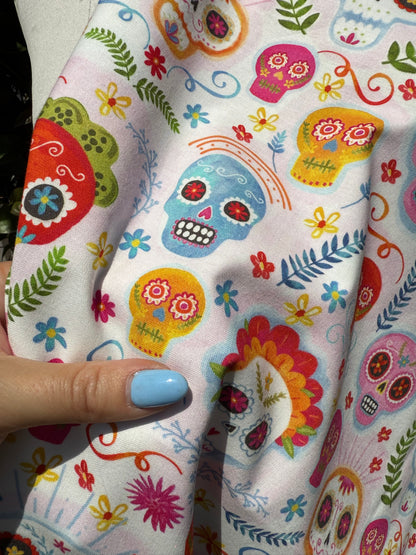 White Sugar Skull Calaveras Floral Cotton Poplin "Funny Bones"