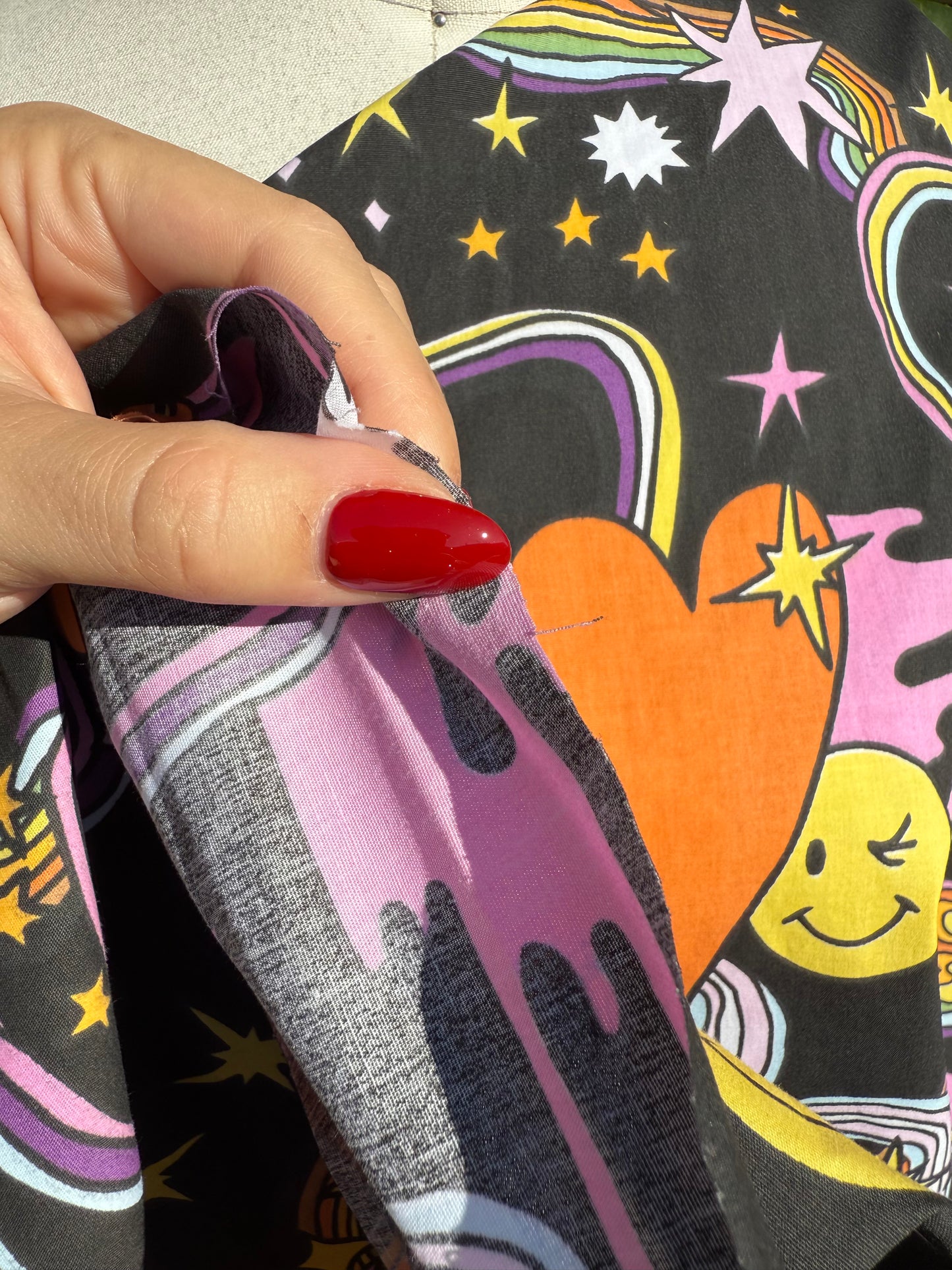 Black Yellow Pink Rainbow Smiley Face Heart Triangle Trippy Cotton Spandex Poplin Woven "Trippy Days”