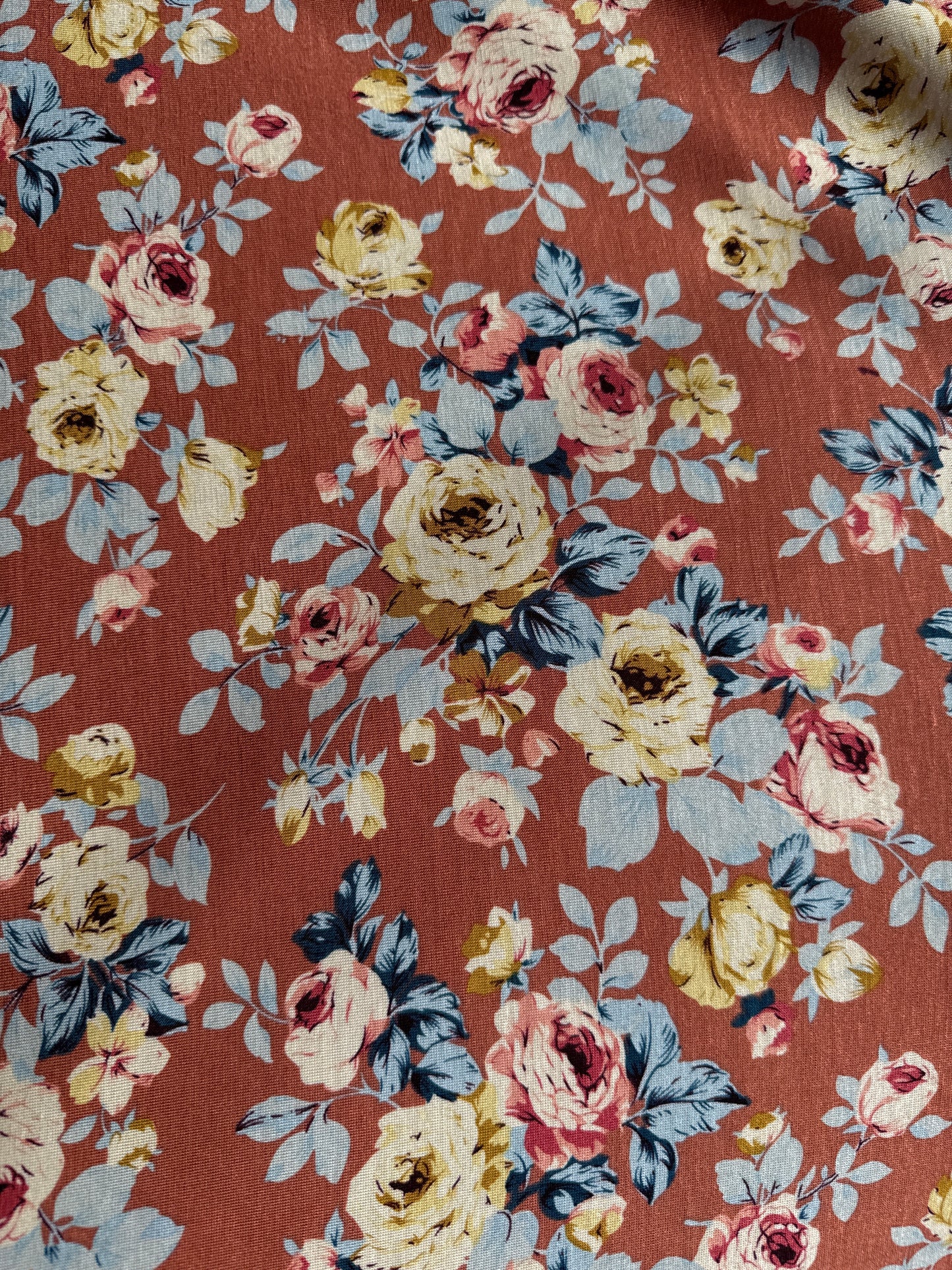 Terracota Rust Yellow Blue Rose Floral Print Rayon Spandex Jersey "Blossming Blooms"