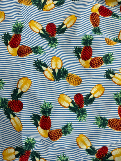 Blue White Yellow Red Pineapple Stripe Cotton Poplin “Pretty Pina”