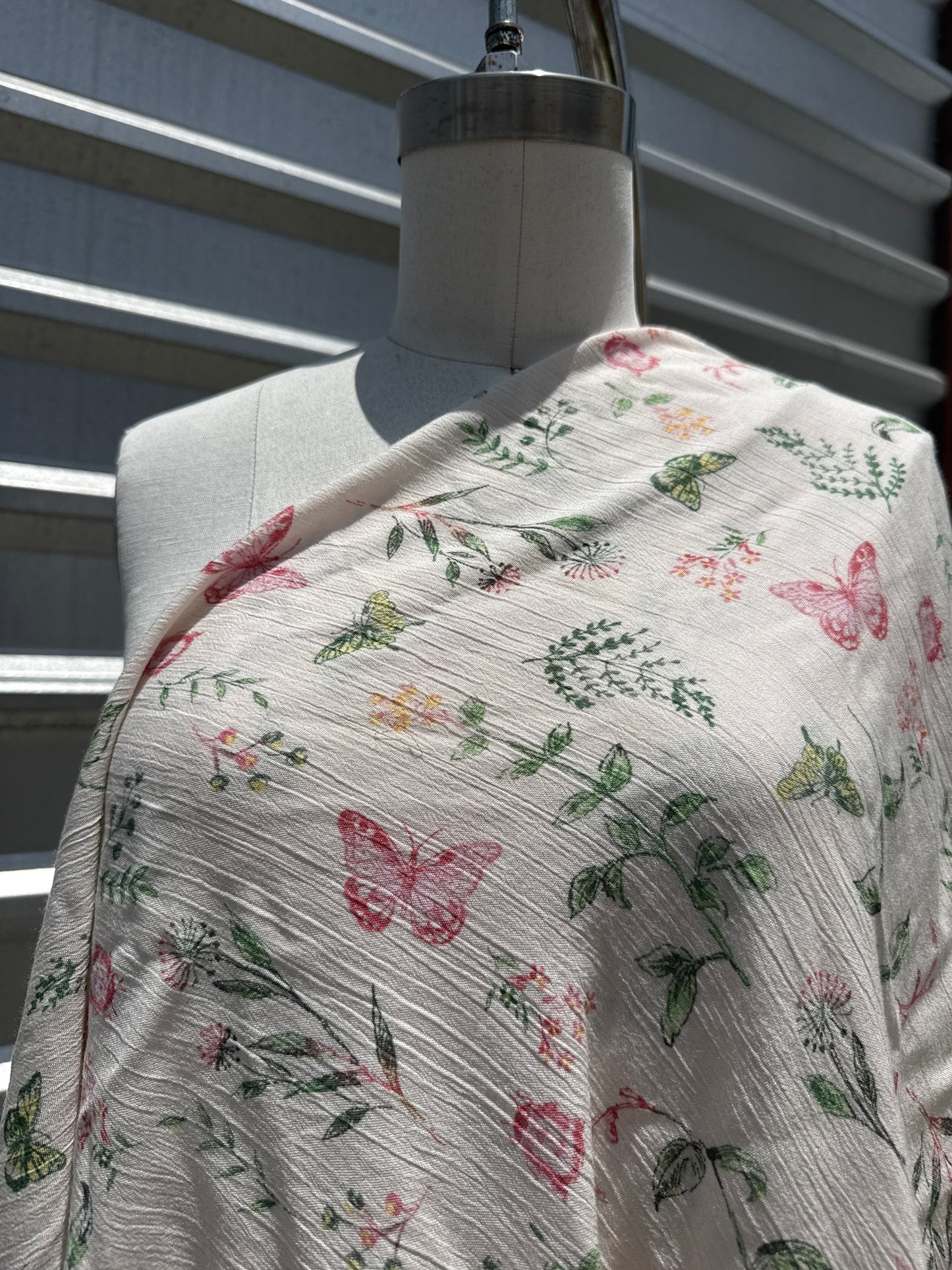White Green Pink Butterfly Floral Print Rayon Crepe "Painted Lady"