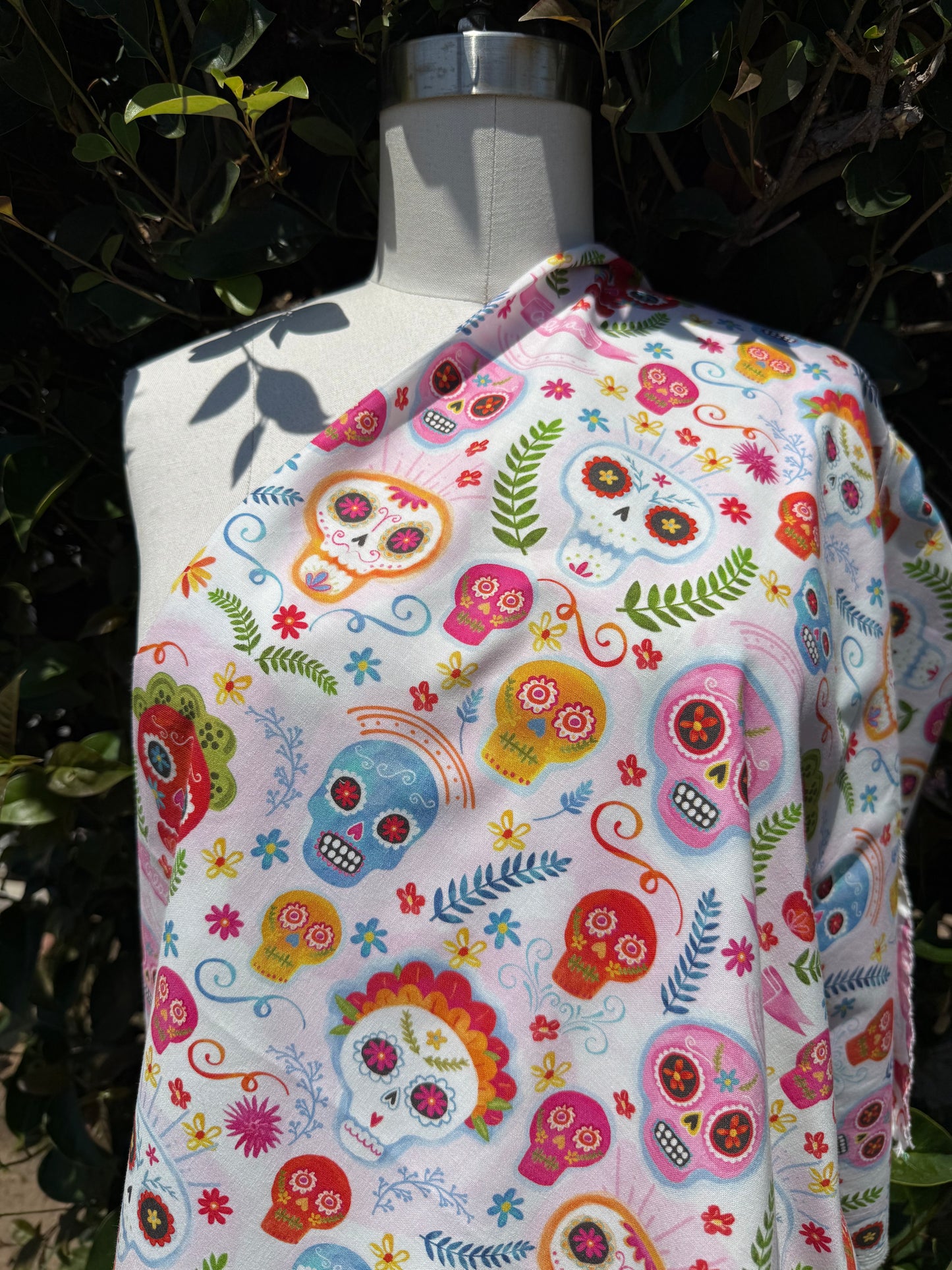 White Sugar Skull Calaveras Floral Cotton Poplin "Funny Bones"