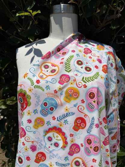 White Sugar Skull Calaveras Floral Cotton Poplin "Funny Bones"
