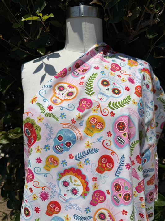 White Sugar Skull Calaveras Floral Cotton Poplin "Funny Bones"