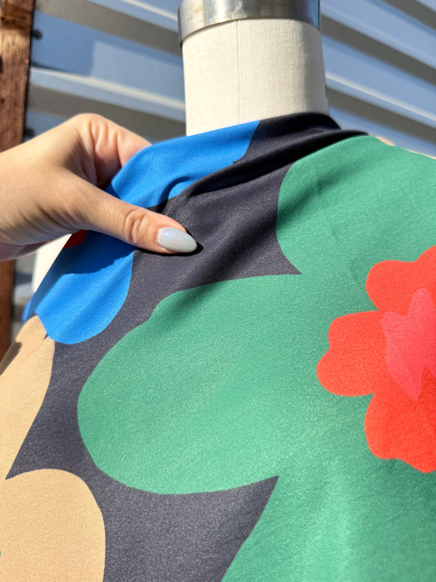Black Red Blue Green Large Floral Flower Print Polyester Crepe "Crayon Garden"
