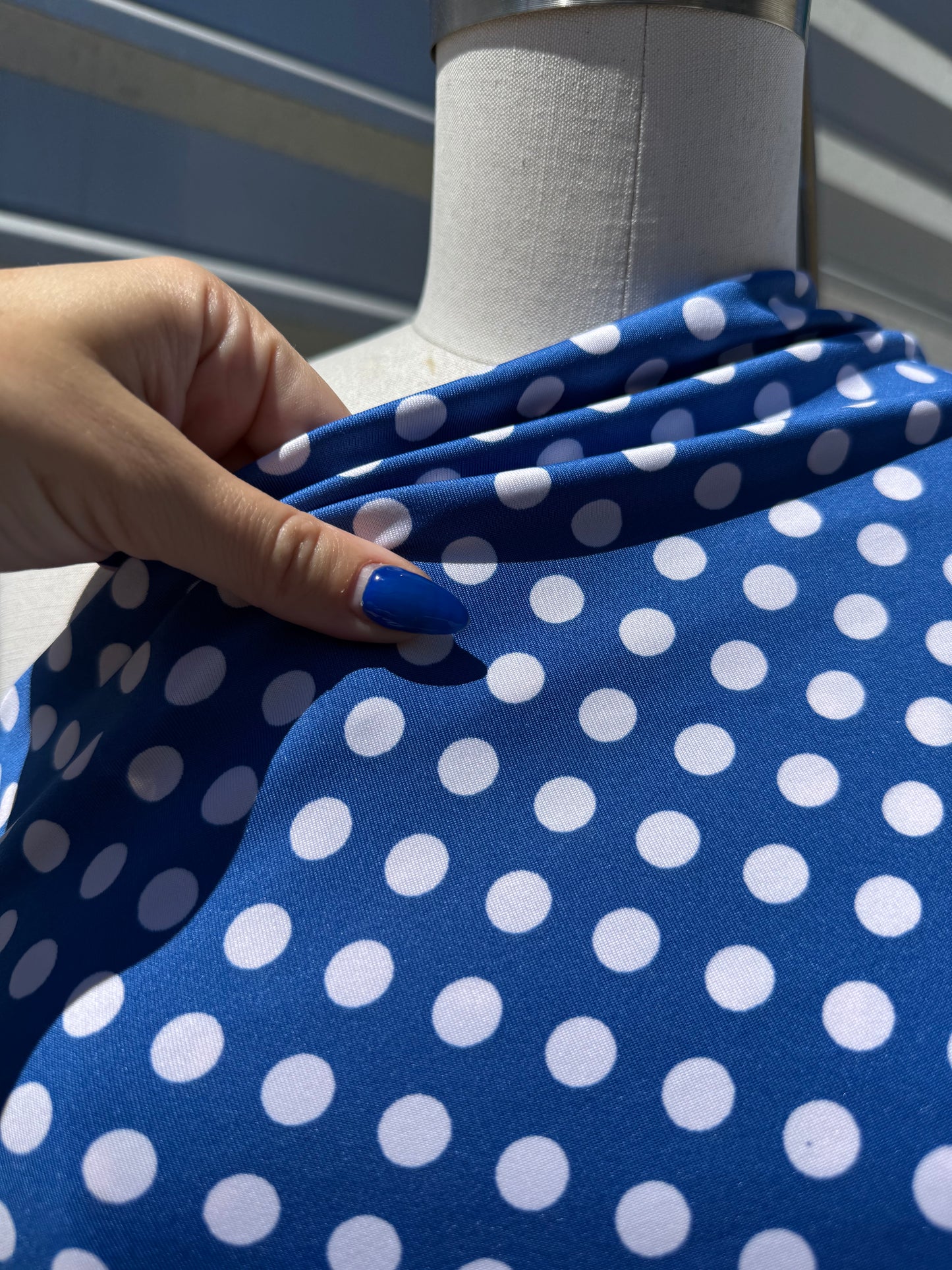 Navy Blue White Polkadot Nylon Spandex Swim Knit “ Betty’s Cannonball “