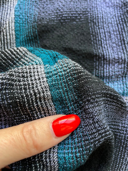 Blue White Black Plaid Rayon Texture Crepe Woven "Threadbare Plaid"