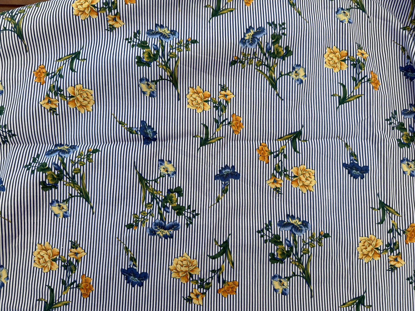 Blue White Yellow Floral Stripe Cotton Poplin “Martha Memories “