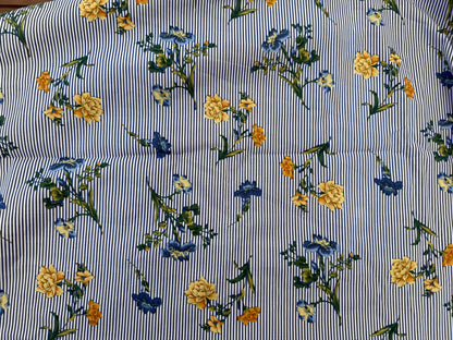 Blue White Yellow Floral Stripe Cotton Poplin “Martha Memories “