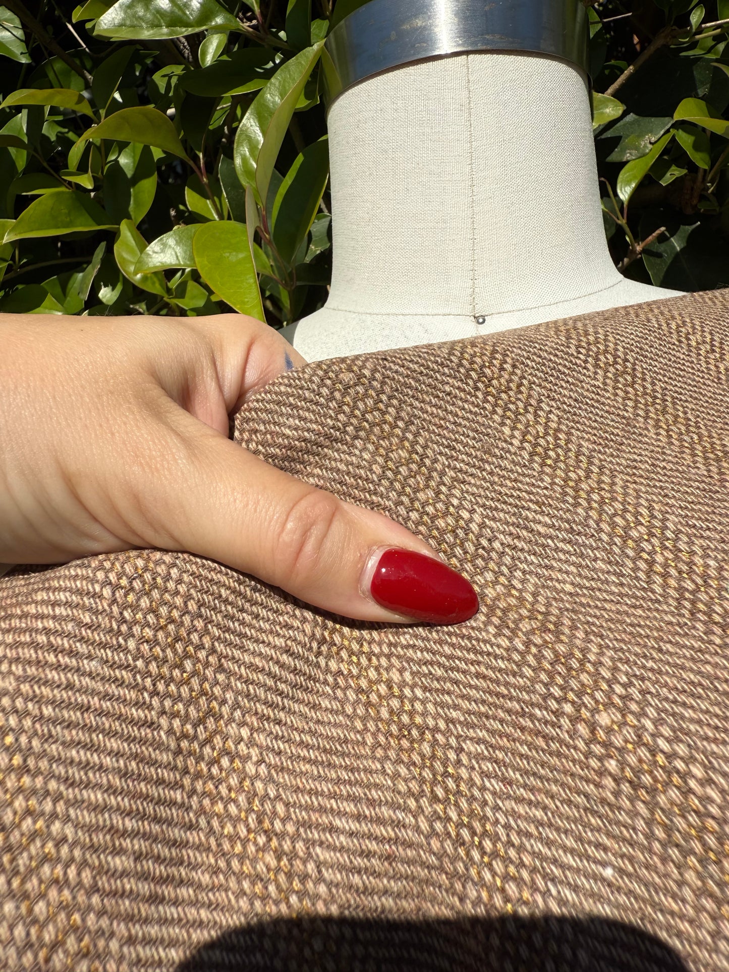 Tan Brown Woven Herringbone Stripe Wool Polyester Coating "Basket Weave"