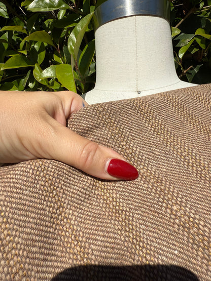 Tan Brown Woven Herringbone Stripe Wool Polyester Coating "Basket Weave"