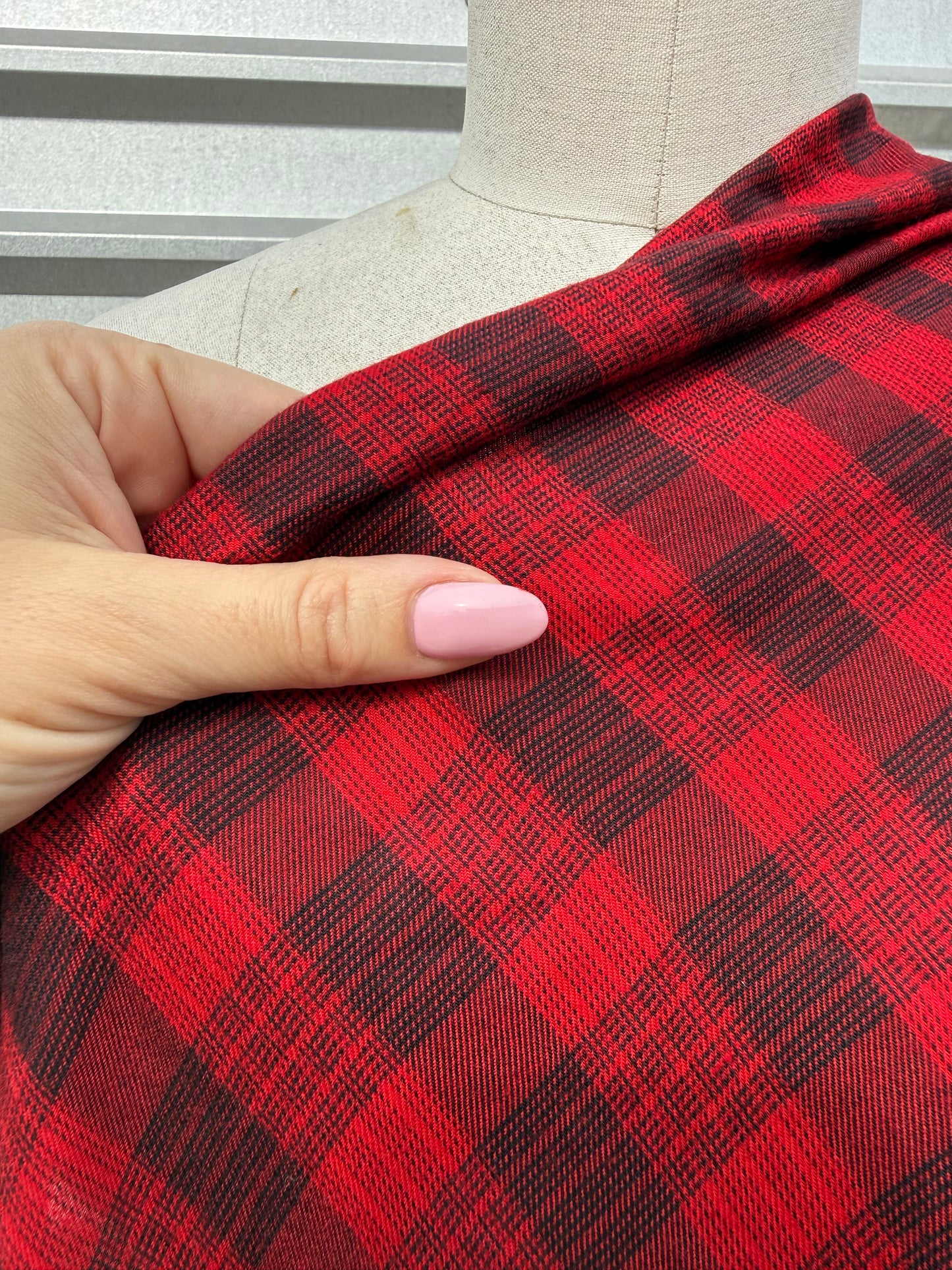 Red Black Plaid Rayon Challis Woven "Jacky"