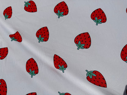 White Red Strawberry Print Polyester Crepe "Sweet Bite"