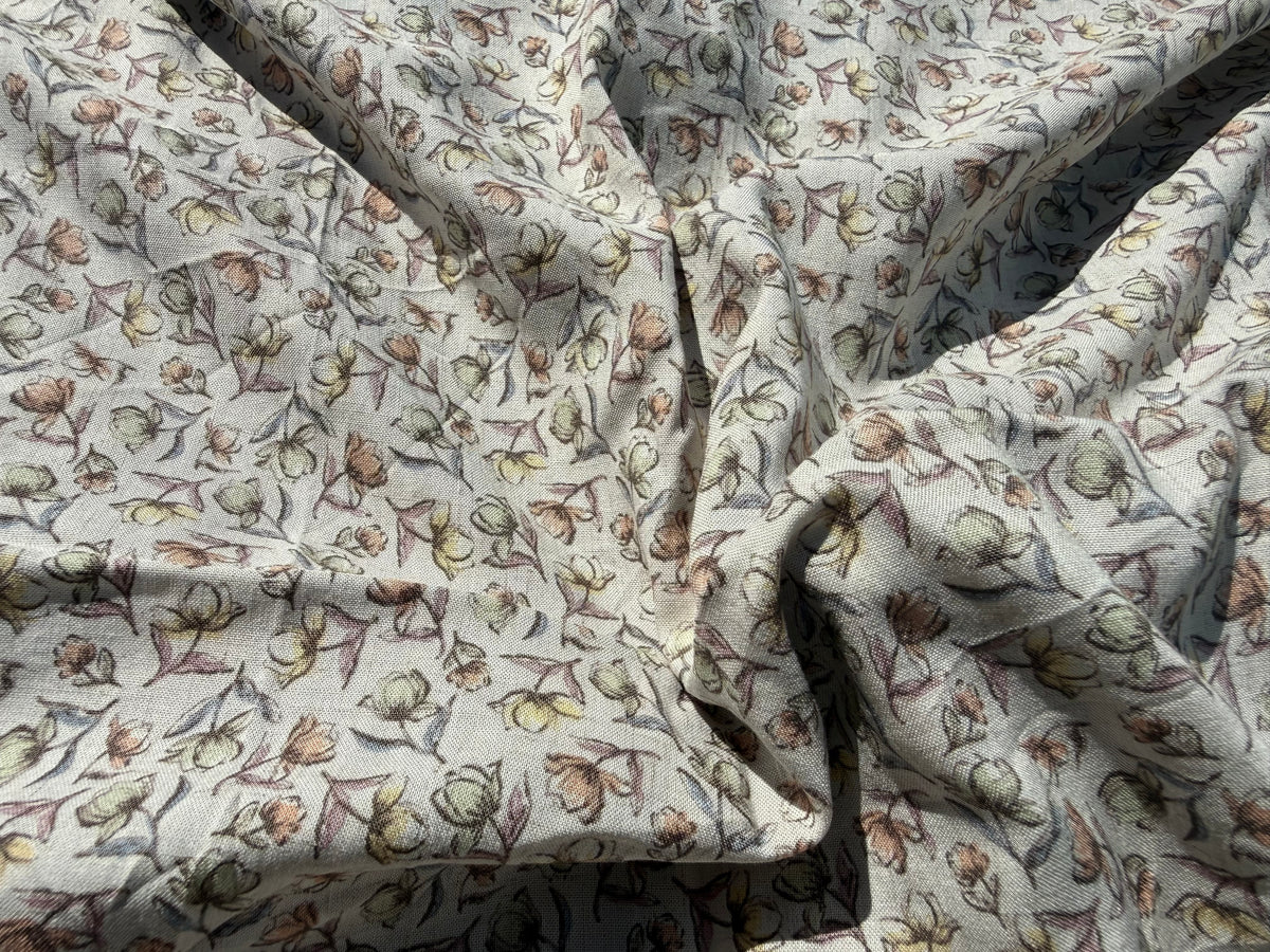 Taupe Green Yellow Peach Ditsy Tulip Floral Rayon Crepe Woven "Mini Blooms"